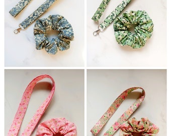 Lanyard & Scrunchie set.  Matching lanyard and Scrunchies.  Green fabric neck lanyard ID badge key holder- Handmade in Brisbane Australia