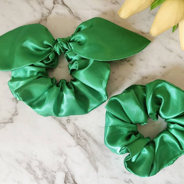 Green Scrunchie , satin knot bow hair Scrunchies, hair tie, elastic, accessories / handmade in Brisbane Australia