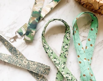 Lanyard - green fabric neck lanyard ID badge key holder - bee, floral sage lanyard - Handmade in Brisbane Australia