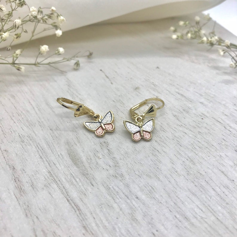 Tri Color Butterfly Dangle Earrings Aretes de Mariposa Oro Laminado 18K Gold Plated Butterfly Earrings Gold Butterfly Earrings