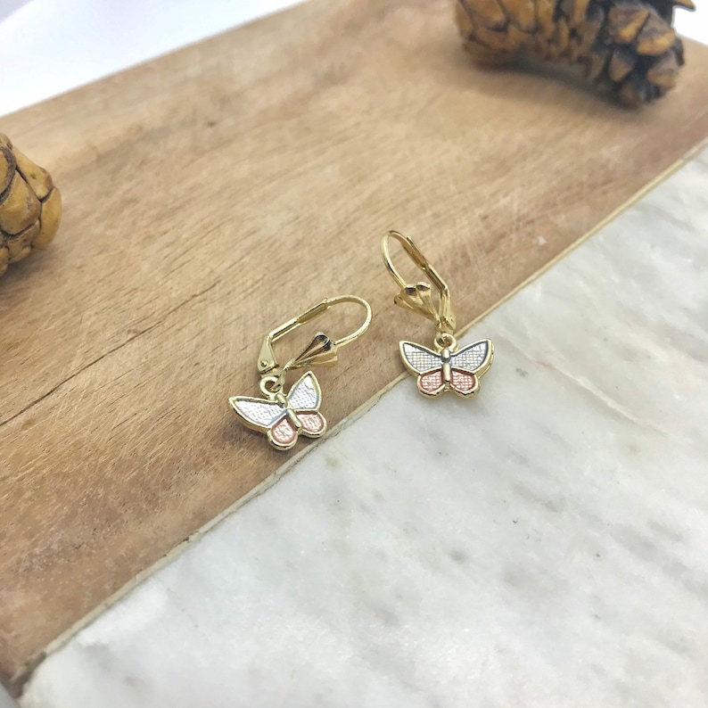 Tri Color Butterfly Dangle Earrings Aretes de Mariposa Oro Laminado 18K Gold Plated Butterfly Earrings Gold Butterfly Earrings