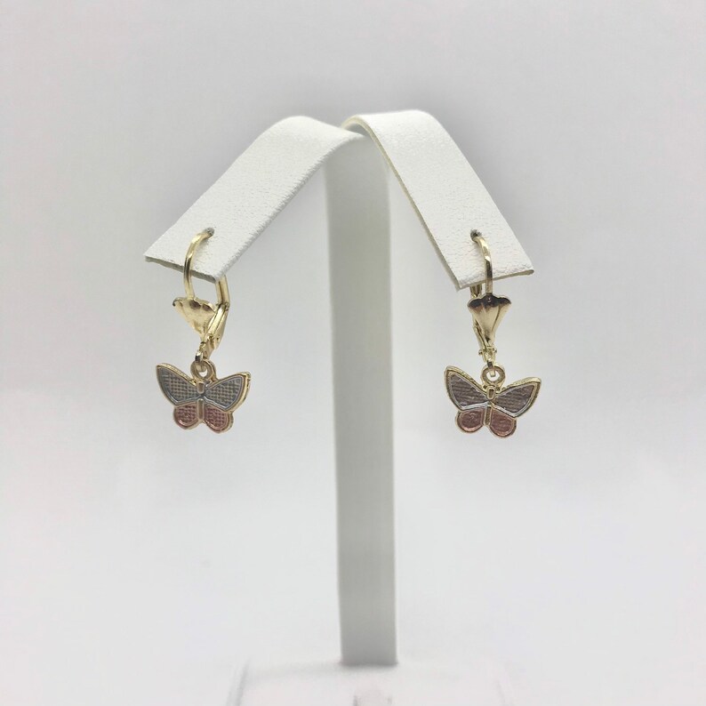 Tri Color Butterfly Dangle Earrings Aretes de Mariposa Oro Laminado 18K Gold Plated Butterfly Earrings Gold Butterfly Earrings
