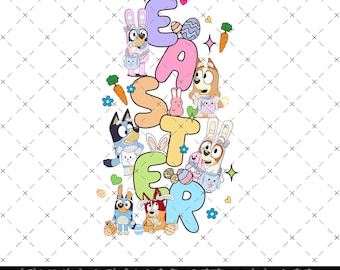 Pode incluir: Um design digital colorido que apresenta a palavra "Páscoa" escrita em letras grandes e redondas. Cada letra é decorada com um cão de desenho animado que usa orelhas de coelho e segura itens com tema de Páscoa, como ovos, cenouras e cestas. O design é perfeito para criar artesanato, roupas e decoração de casa com tema de Páscoa.