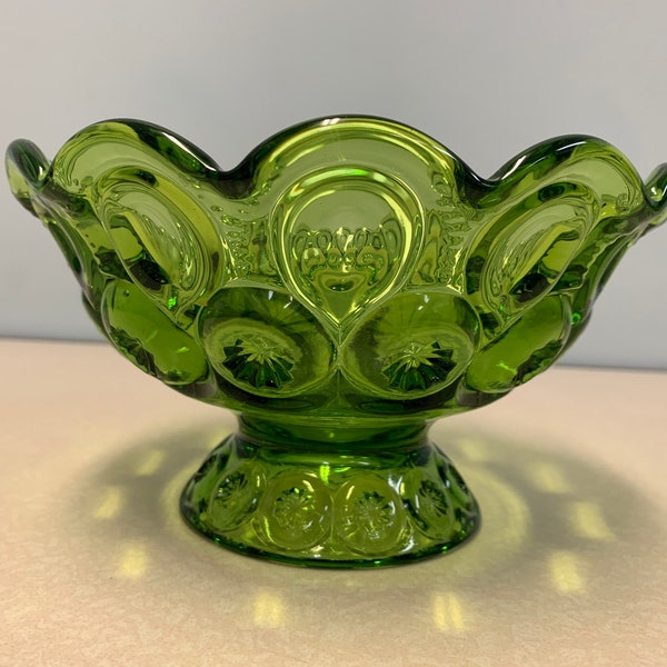 Vintage LE Smith Moon and Stars Green Glass Footed Bowl - Green Glass Compote - Green glass Candy Dish