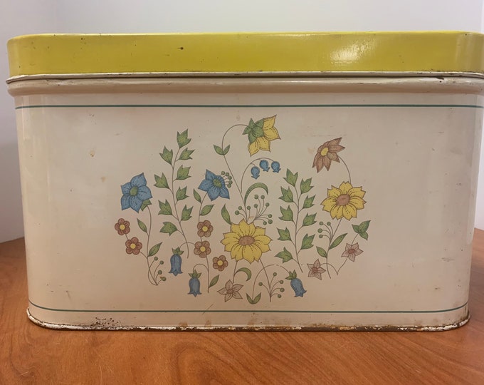 Vintage Metal Bread Box Flower Pattern Yellow Lid Etsy