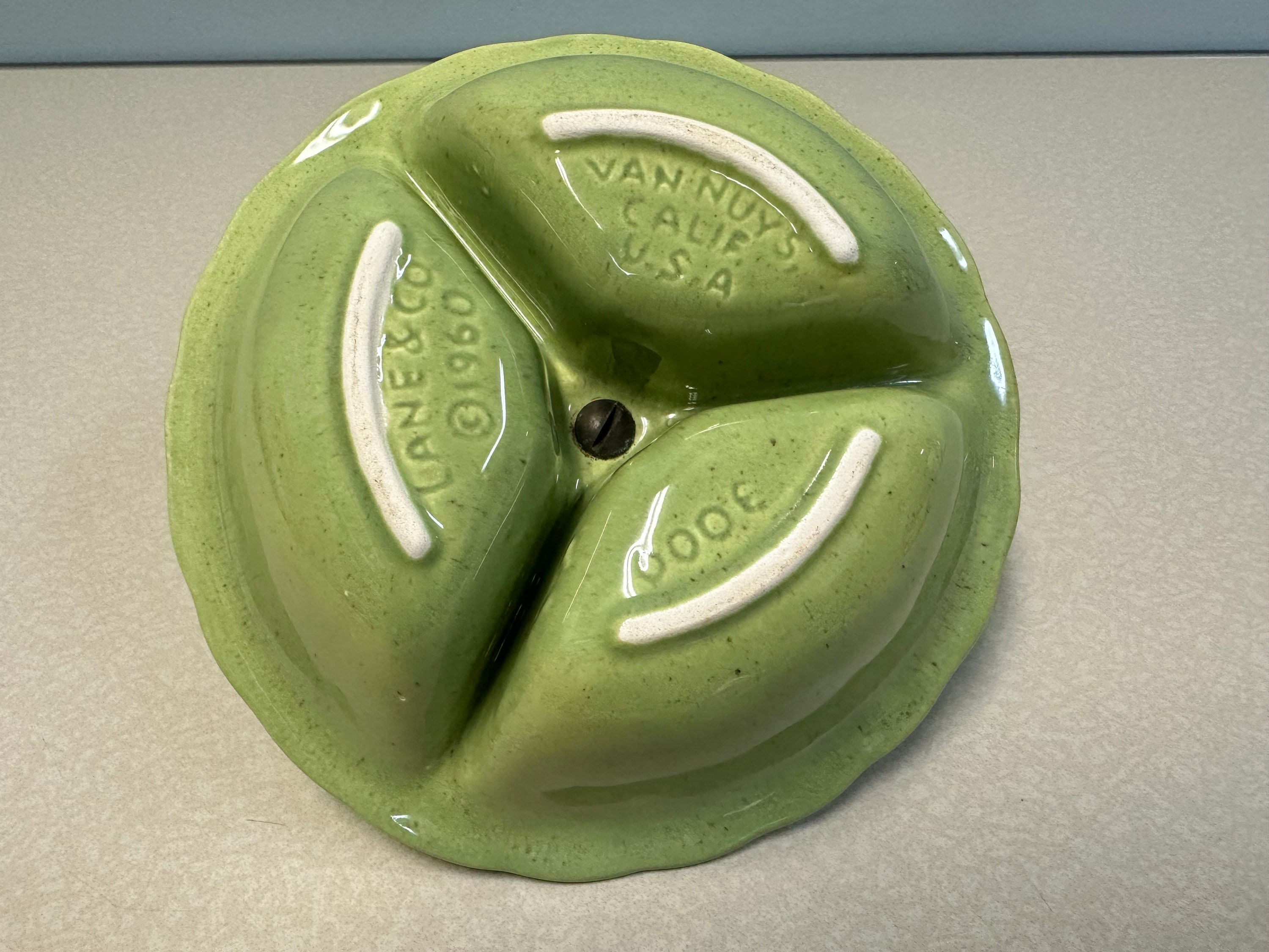 1960 Lane & Co Pottery Divided Nut Dish - Light Green W/ Brown