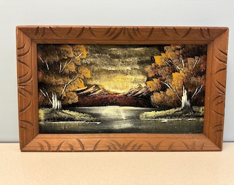 Vintage Black Velvet Landscape Painting, Mountain Lake Nature Scene Oil on Velvet Painting