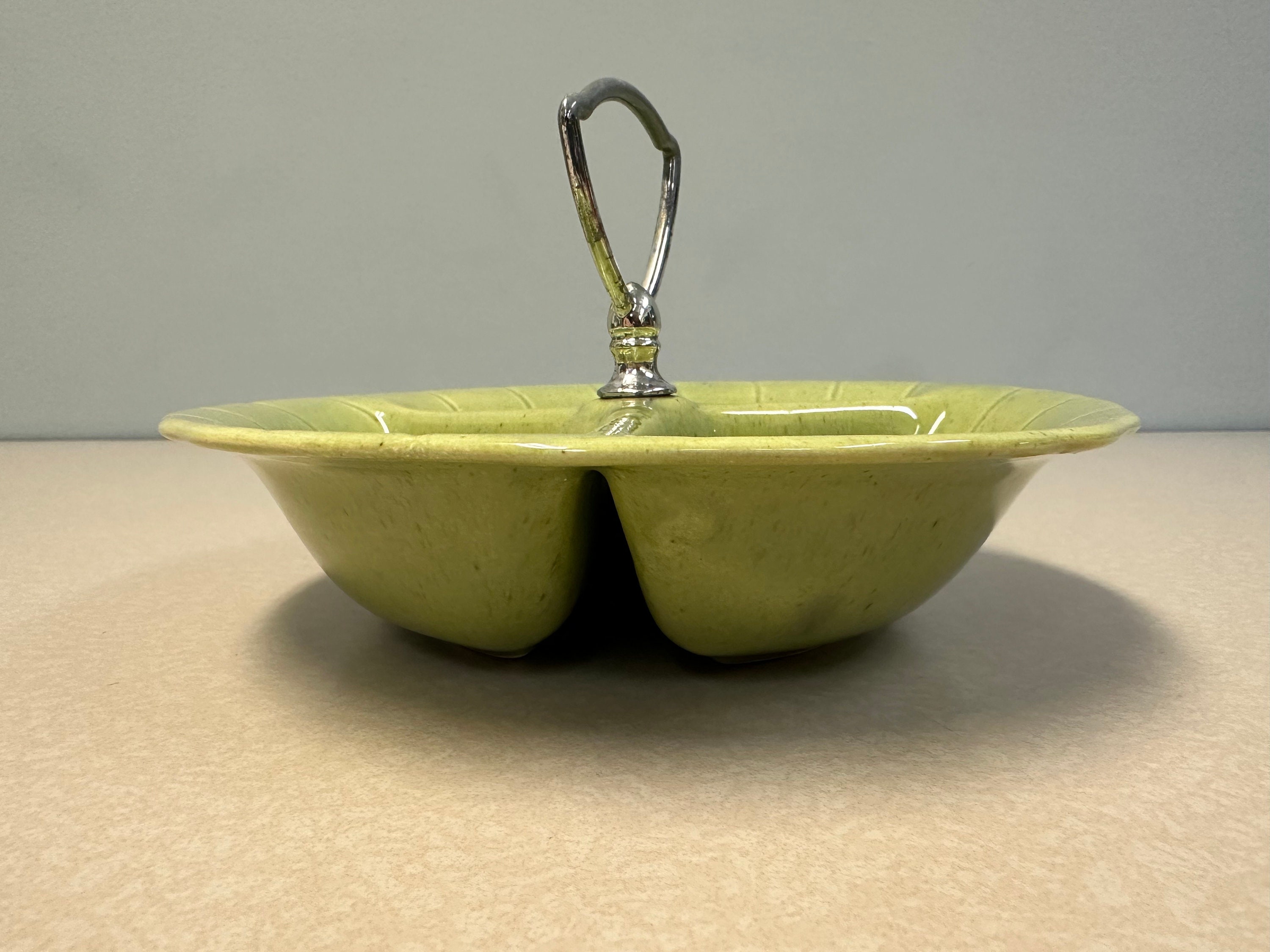1960 Lane & Co Pottery Divided Nut Dish - Light Green W/ Brown