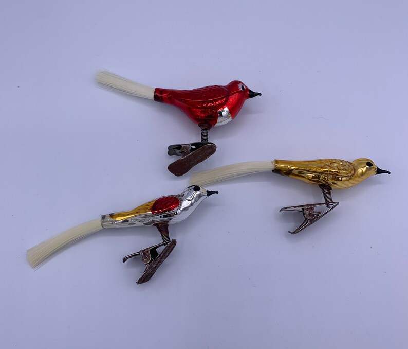 Vintage Mercury Glass Clip on Bird Ornaments Blown Glass Bird Ornaments