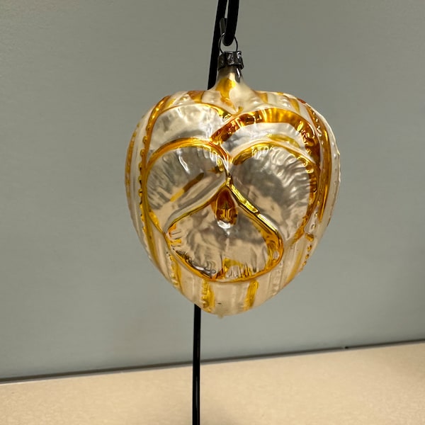 West German Mercury Glass Heart Ornament, Heart with Orchid, Gold and Ivory Blown Glass Heart