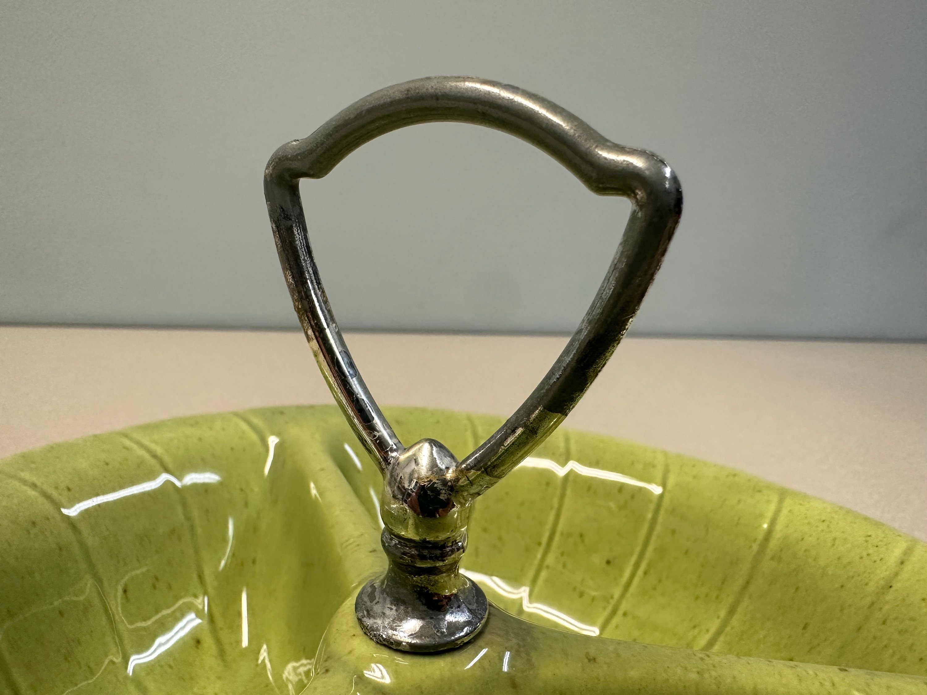 1960 Lane & Co Pottery Divided Nut Dish - Light Green W/ Brown