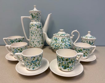 Midcentury Modern Arnels Green & Blue Splatter Coffee Tea Set - MCM Hobbyist Tea Set w/ Sugar, Creamer, Cups, Saucers