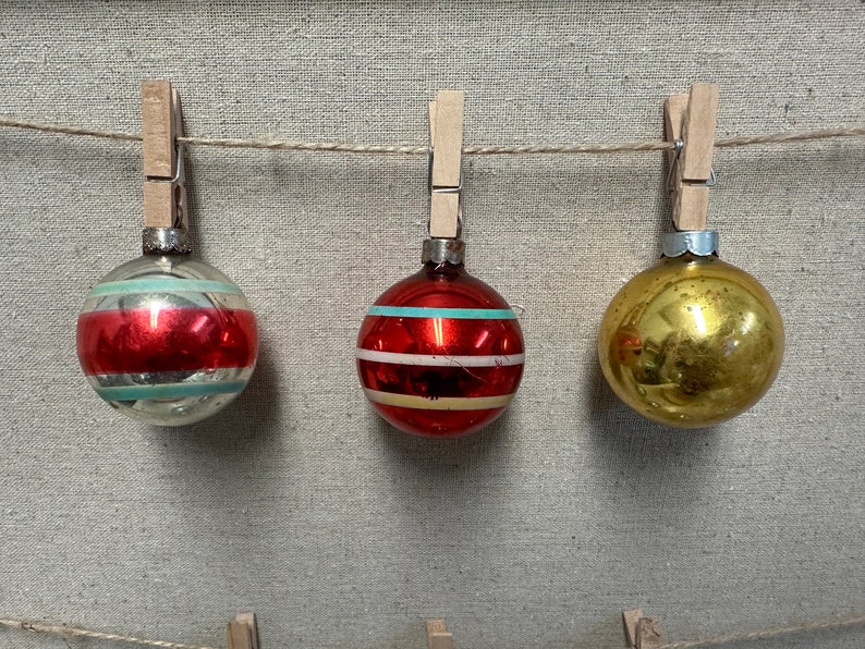Vintage Small Glass Christmas Ornaments Set of 6 Striped Painted