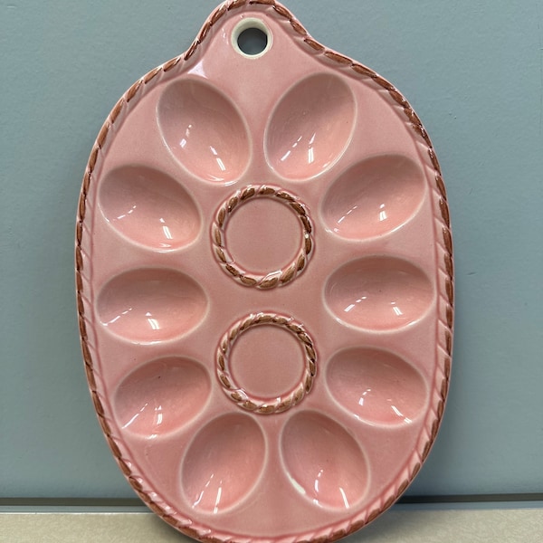 Vintage Pink Ceramic Deviled Egg Plate, Pink Braided Edge Pattern,  Norleans Japan, Easter Egg Shaped Egg Plate, Small Chip on Top