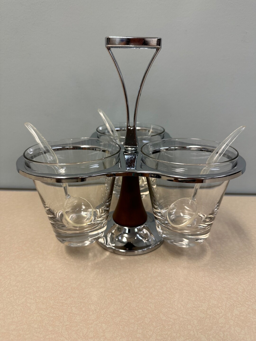 Vintage MCM Chrome & Wood Condiment Holder Lazy Susan Chrome Etsy