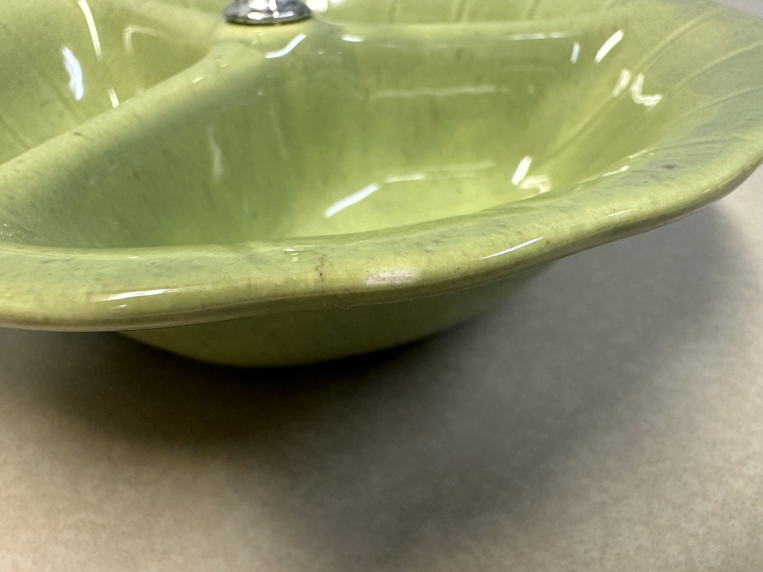 1960 Lane & Co Pottery Divided Nut Dish - Light Green W/ Brown