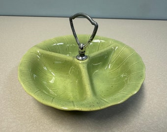 1960 Lane & Co Pottery Divided Nut Dish - Light Green W/ Brown