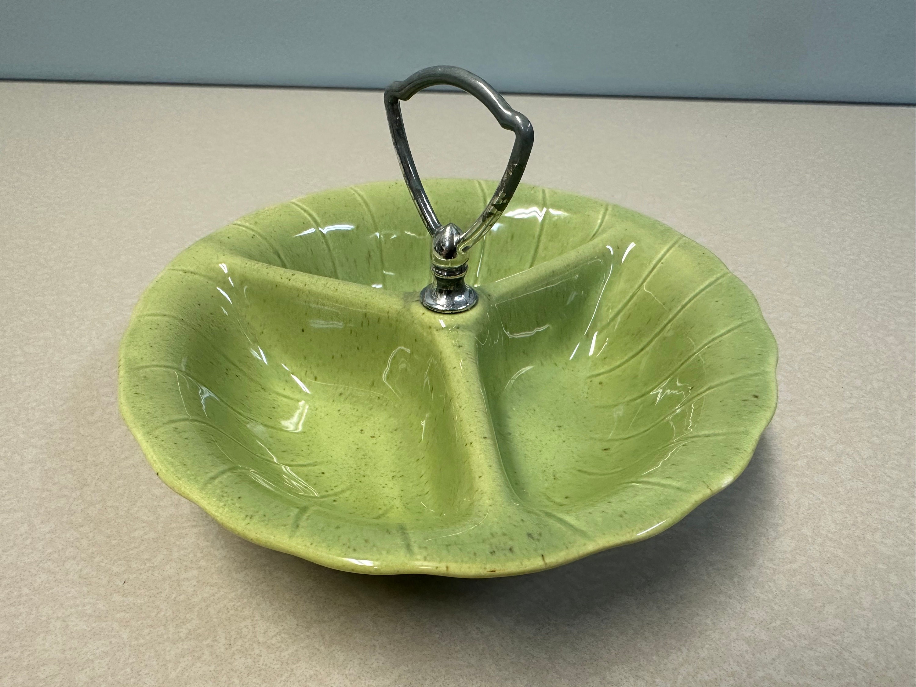 1960 Lane & Co Pottery Divided Nut Dish - Light Green W/ Brown