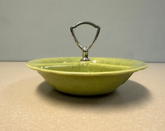 1960 Lane & Co Pottery Divided Nut Dish - Light Green W/ Brown