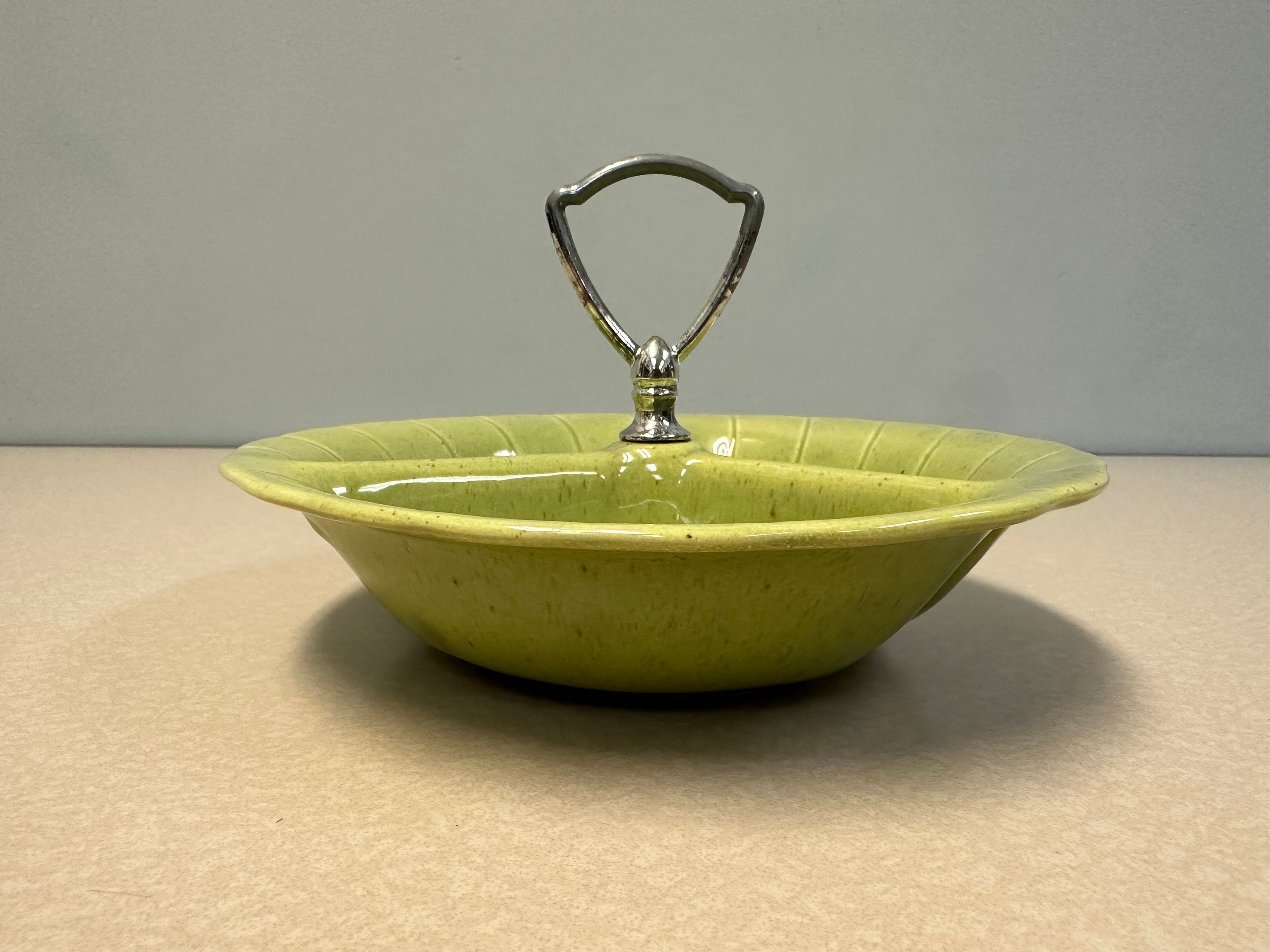 1960 Lane & Co Pottery Divided Nut Dish - Light Green W/ Brown