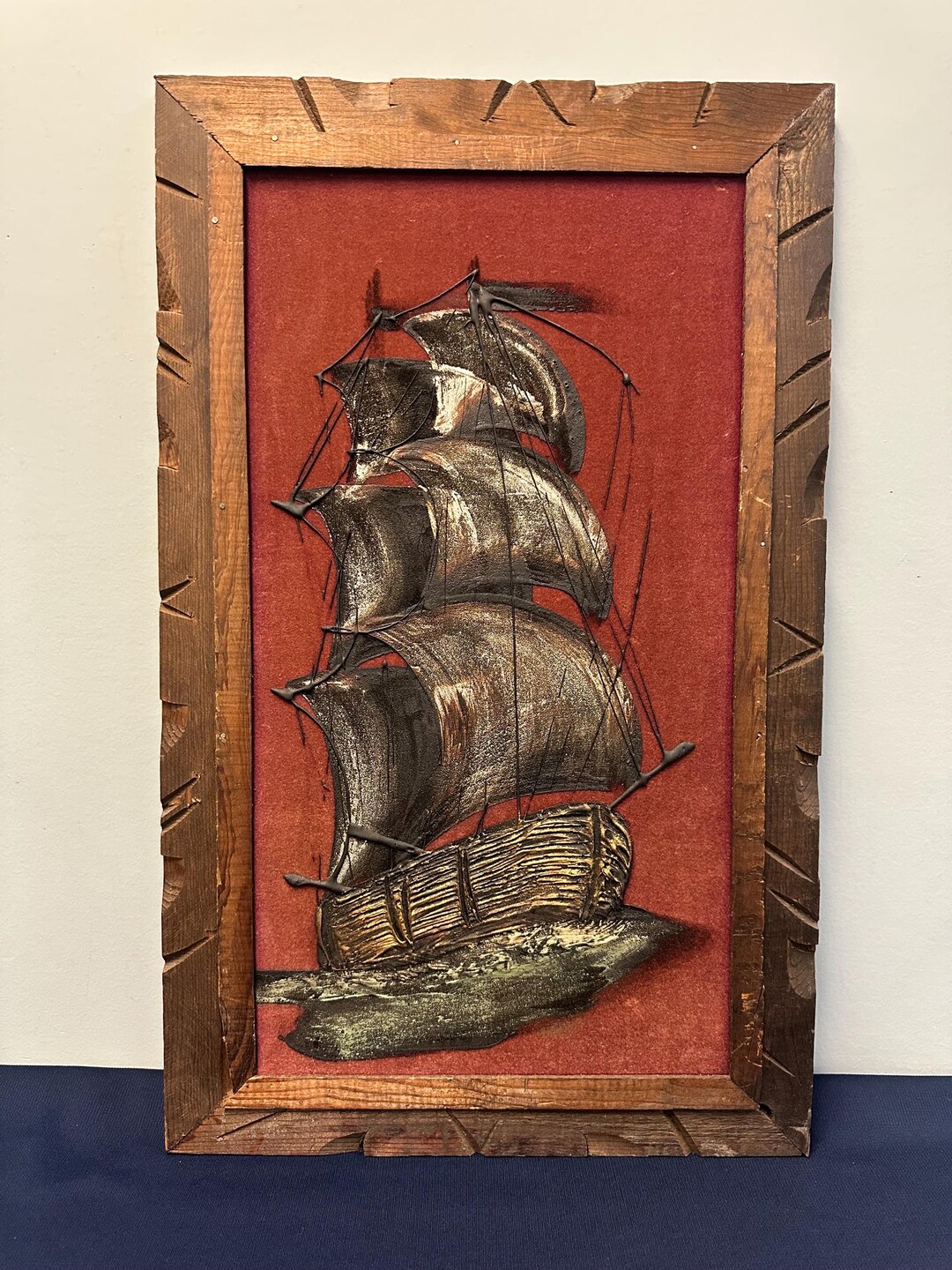 Midcentury Oil Drip Ship Painting on Velvet, Velvet Art, Velvet Ship ...