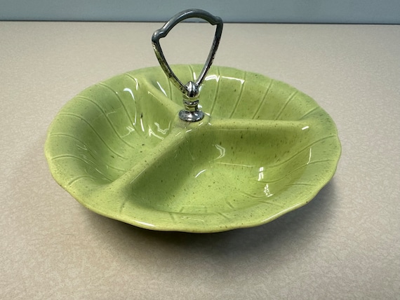1960 Lane & Co Pottery Divided Nut Dish - Light Green W/ Brown