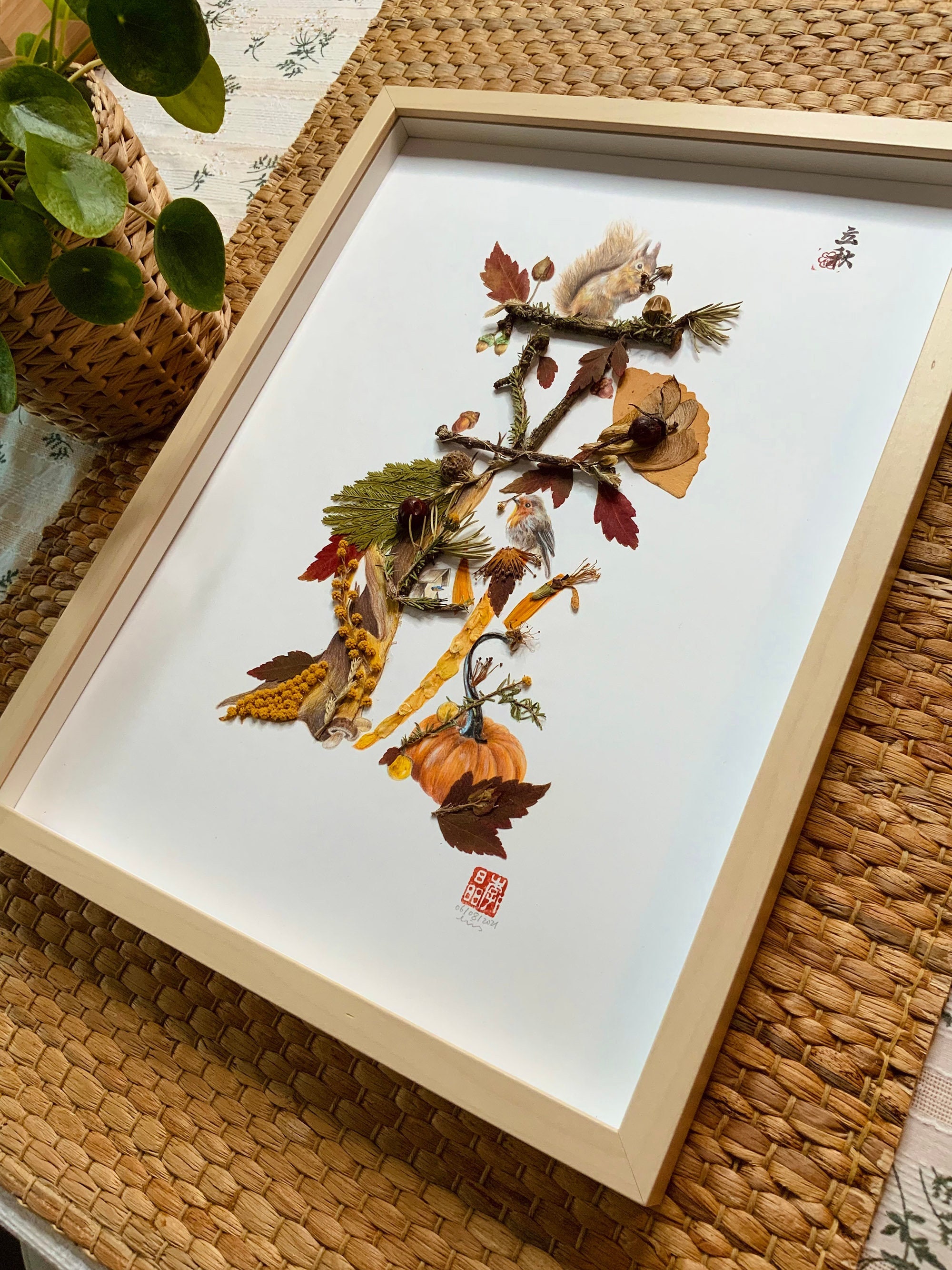 Herbier Fleurs Séchées Encadrées I Dessin Crayons de Couleurs Murale Art Décor Collection en Série24