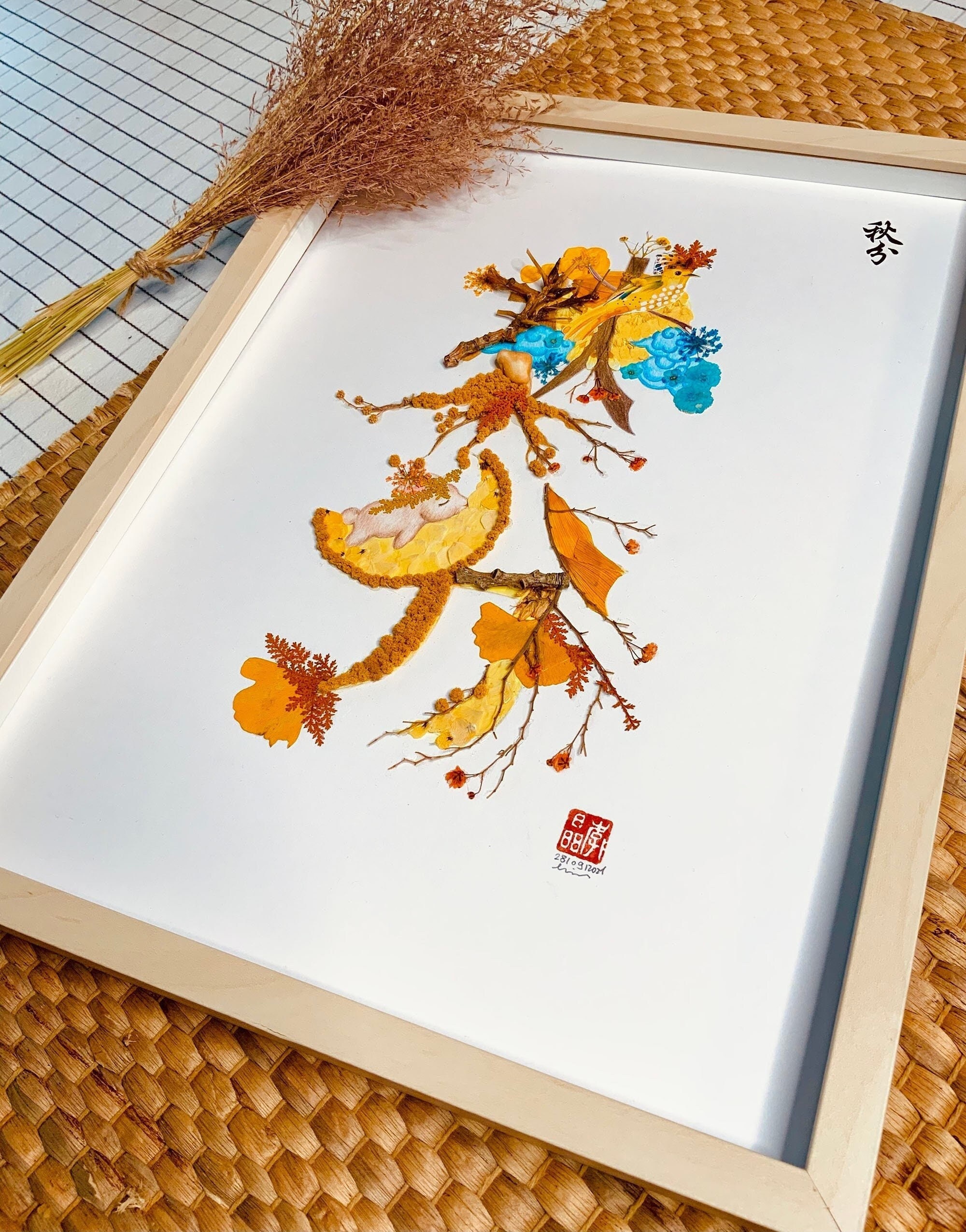 Herbier Fleurs Séchées Encadrées I Dessin Crayons de Couleurs Murale Art Décor Collection en Série24