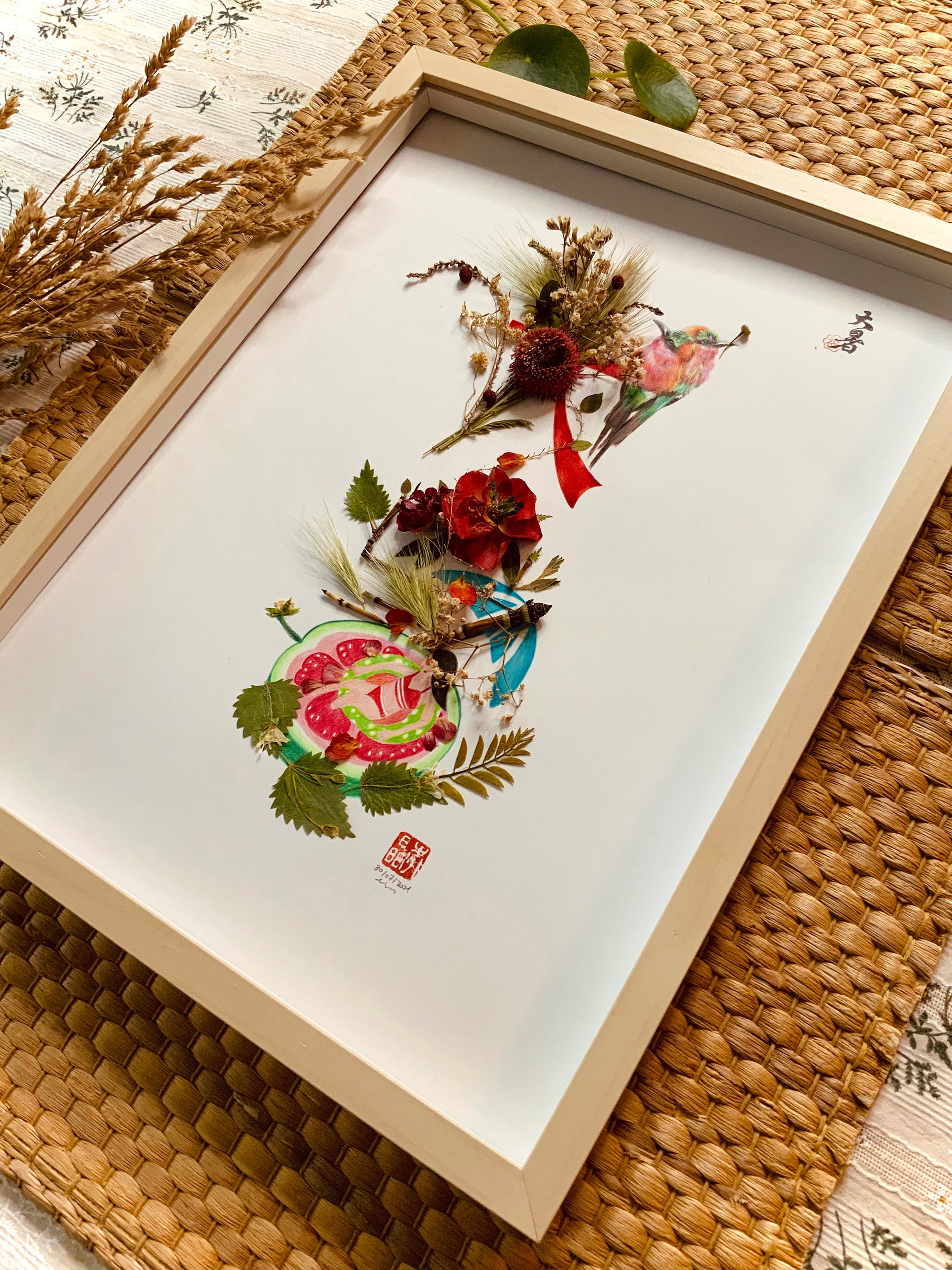 Herbier Fleurs Séchées Encadrées I Dessin Crayons de Couleurs Murale Art Décor Collection en Série24