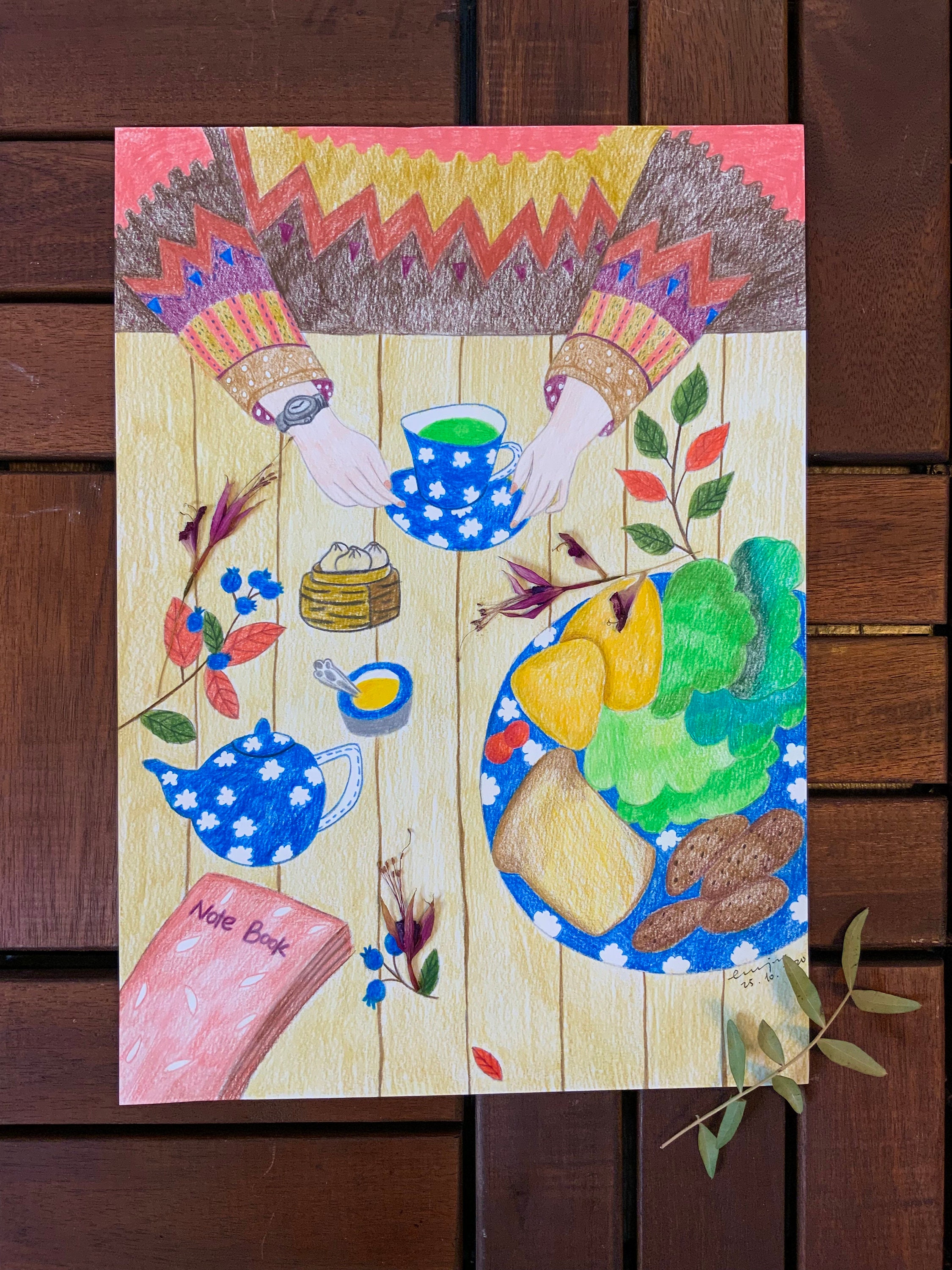 Herbier Fleurs Séchées Encadrées I Dessin Crayons de Couleurs Murale Art Décor Pause L'après Midi