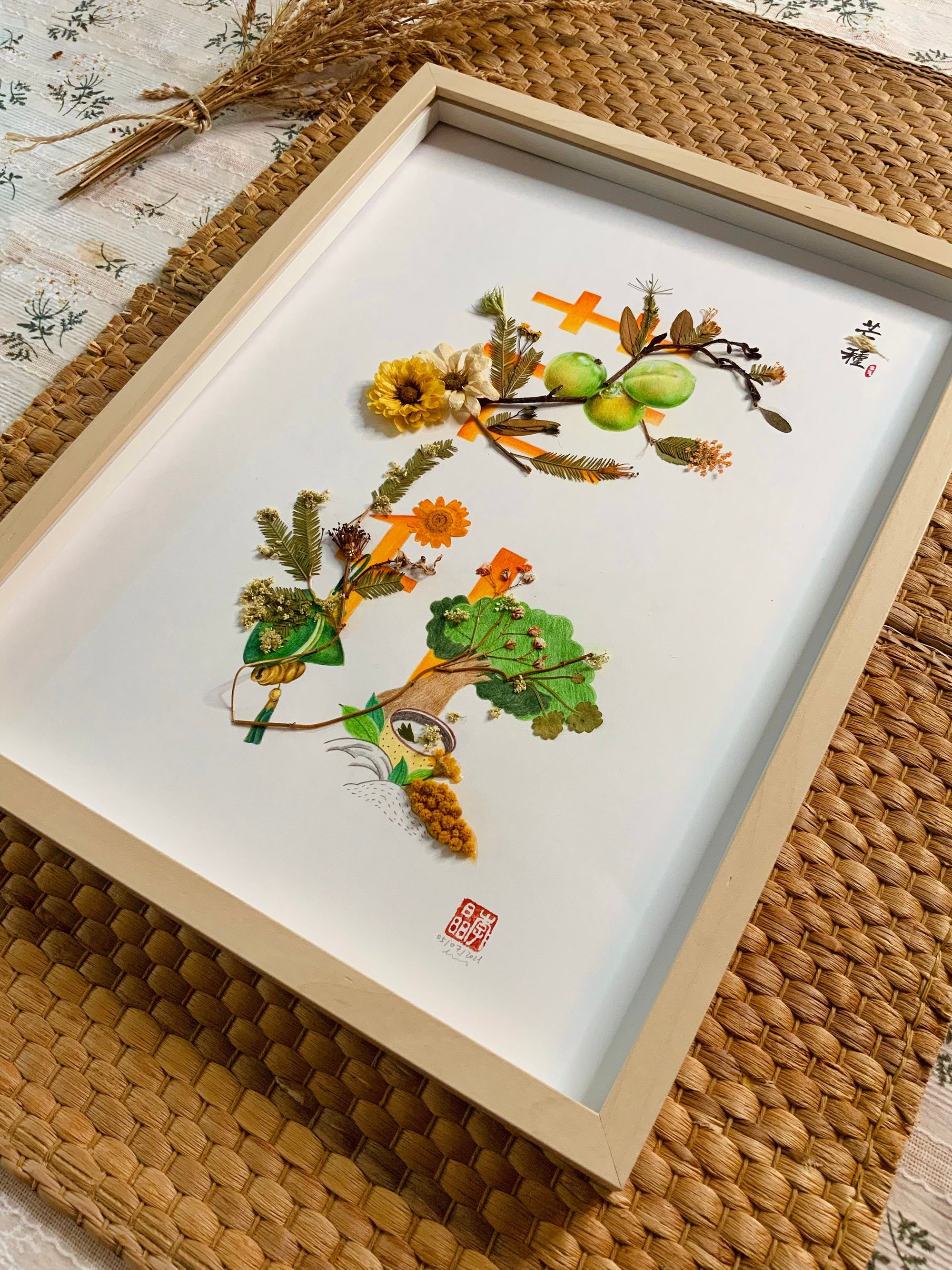 Herbier Fleurs Séchées Encadrées I Dessin Crayons de Couleurs Murale Art Décor Collection en Série24