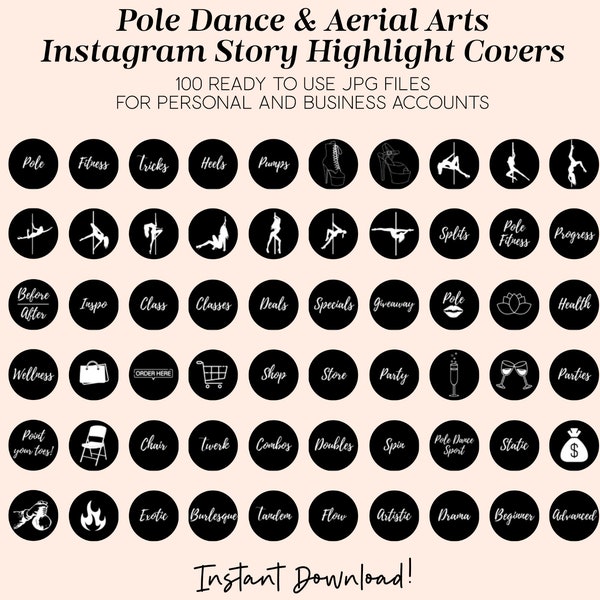 100 Pole Dance + Aerial Art Instagram Story Highlights Covers | Aesthetic Pole Dancing Social Media Business Dance Studio Insta Story Icons