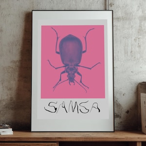 May include: Framed art print featuring a stylized insect illustration in shades of purple against a pink background. The word "SAMSA" is written in black script below the image. The artwork is displayed on a wooden shelf.