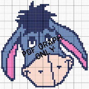 May include: A pixel art cross-stitch pattern of a blue donkey with pink ears. The donkey has a sad expression and is looking to the right. The pattern is on a white grid background.