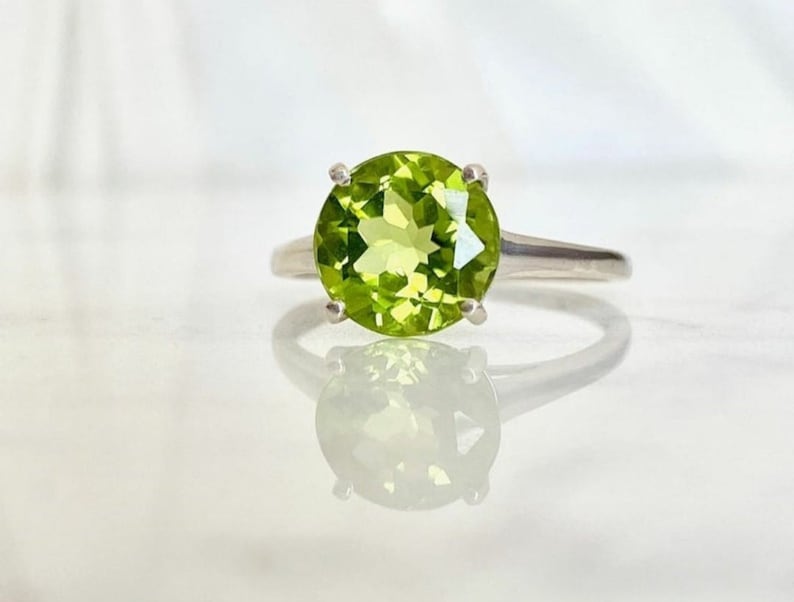 Natural Peridot Silver Girls Ring 925 Sterling Silver Stylish Girls Ring Engagement Ring August Birthstone Ring Round Cut Gemstone Ring