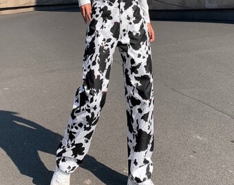 Y2K Tie Dye Cow Print High Waist Pants , Streetwear Black and White pants