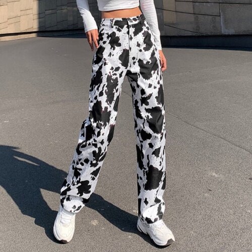 Y2K Tie Dye Cow Print High Waist Pants , Streetwear Black and White pants