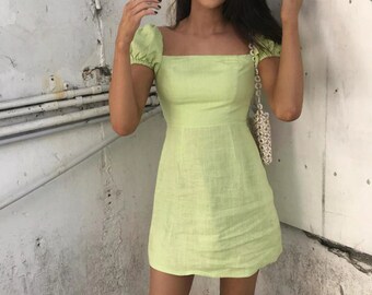 Y2K Sweet Square Collar Green Dresses , Cute Puff Sleeve A-line Dress