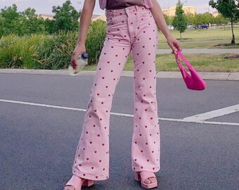 Y2K Pink Heart Flare Pants , High Waist Vintage Trousers