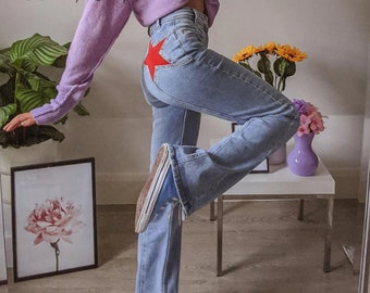 Y2K High Waist Stitch Flare Pants , Five-Pointed Star Printed Denim