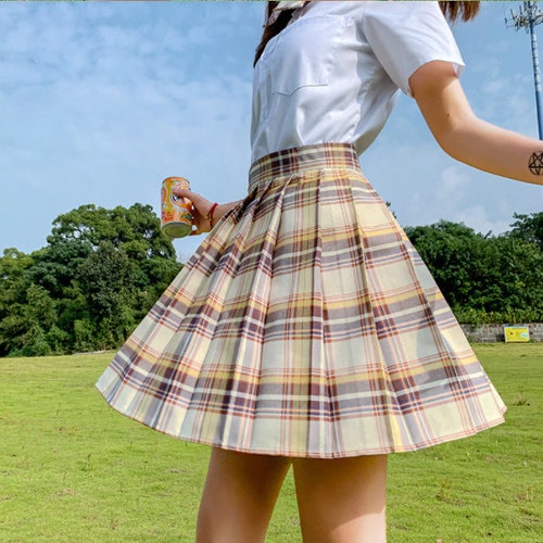 Harajuku High Waist Mini Plaid Woman Skirt , Pleated Kawaii Lolita High School Skirt , Free Shipping