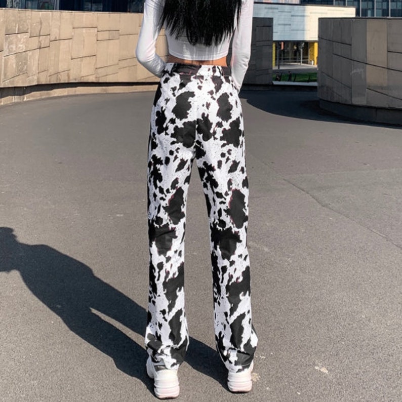Y2K Tie Dye Cow Print High Waist Pants  Streetwear Black and image 3