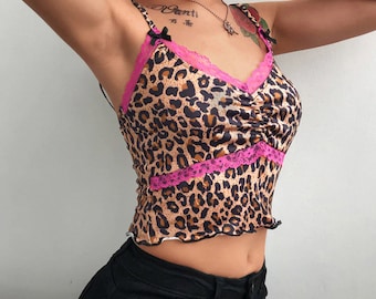 Y2K Leopard Printing Lace Top , Vintage Spaghetti Strap Backless Crop Top