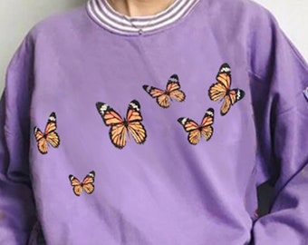 Woman Butterfly Printed Lilac Sweatshirt , Loose Autmn Sweatshirt 2020 , Free Shipping