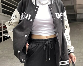 Streetwear Gothic Winter Jacket , Women Stripe Patchwork Casual Baseball Jacket