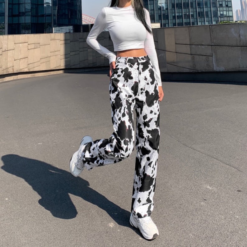Y2K Tie Dye Cow Print High Waist Pants  Streetwear Black and image 2