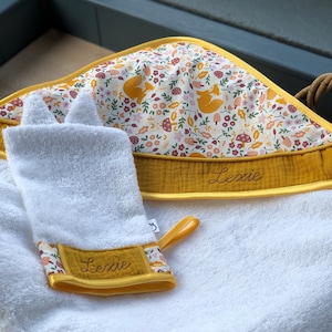 Bath cape with washcloth for babies in bamboo sponge and double cotton gauze - MyrtilleAndCo