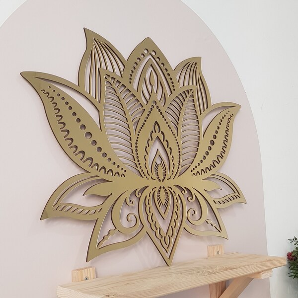 Mirror Lotus Flower Wall Decor, Gift, Wooden Sign, Meditation, Mandala Wall Art, Yoga, For Yogis, Spiritual, Gold Home Decor, Silver WallArt