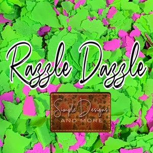 May include: Green and pink glitter confetti with the text "Razzle Dazzle" and a logo that says "Simple Designs and More".