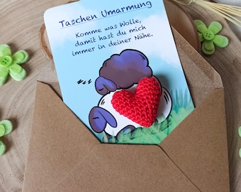 Crocheted Pocket Hug Heart | Pocket hug with sheep greeting card | Small gift for encouragement and comfort | Good luck charm for exams and school
